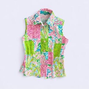 Vintage 90s Coastal Patchwork Sleeveless Button Up Shirt